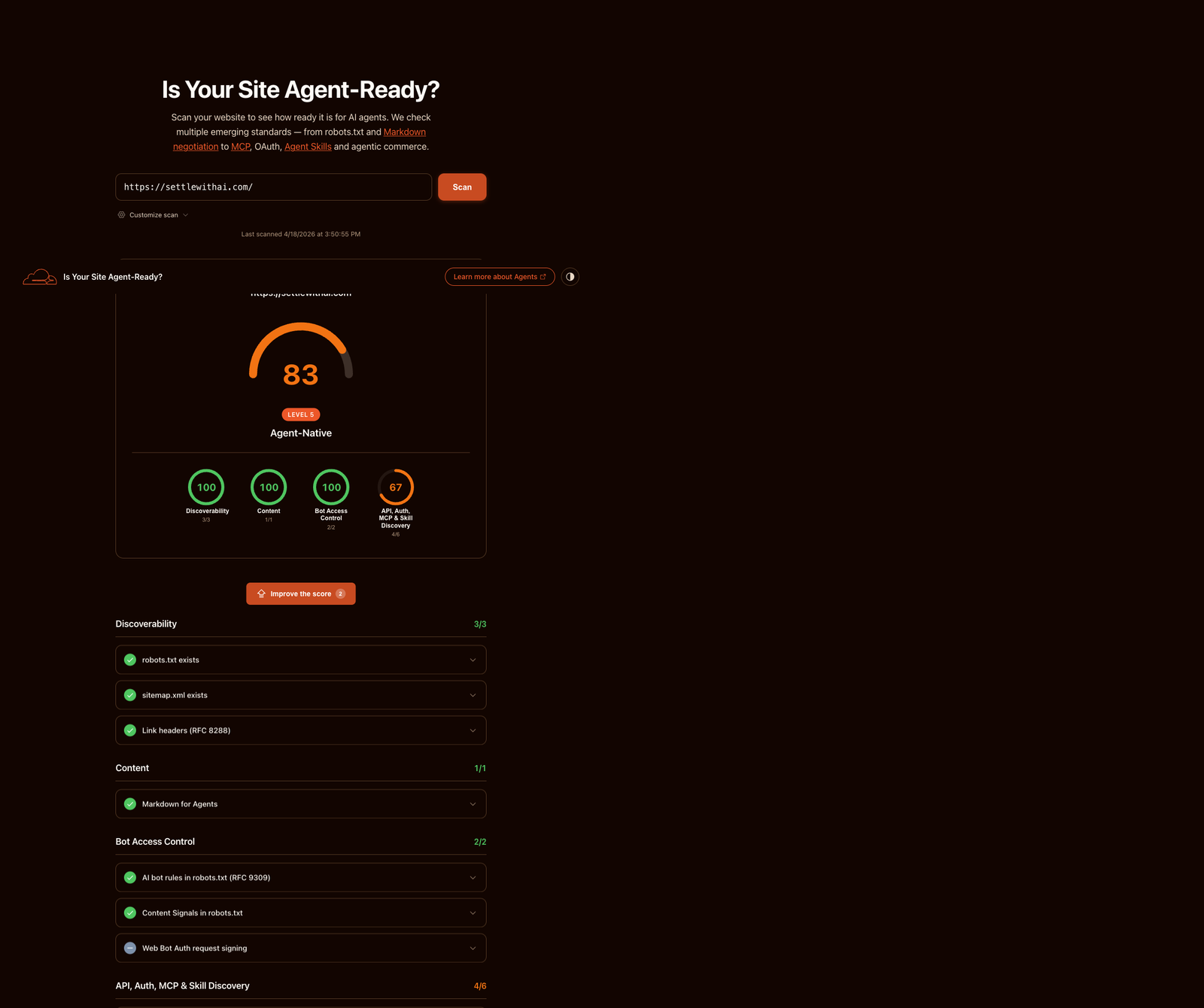 isitagentready.com scan result for settlewithai.com showing a score of 83 out of 100 and a Level 5 Agent-Native classification