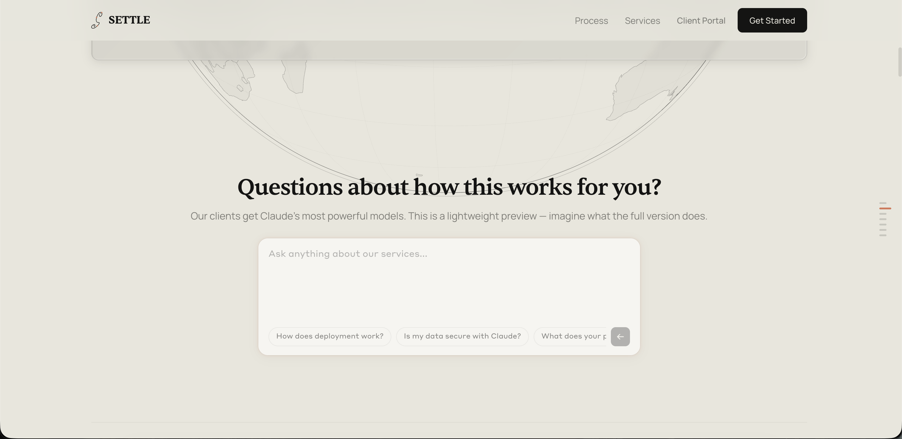 The Ask Claude section on settlewithai.com with suggestion pills and an empty input