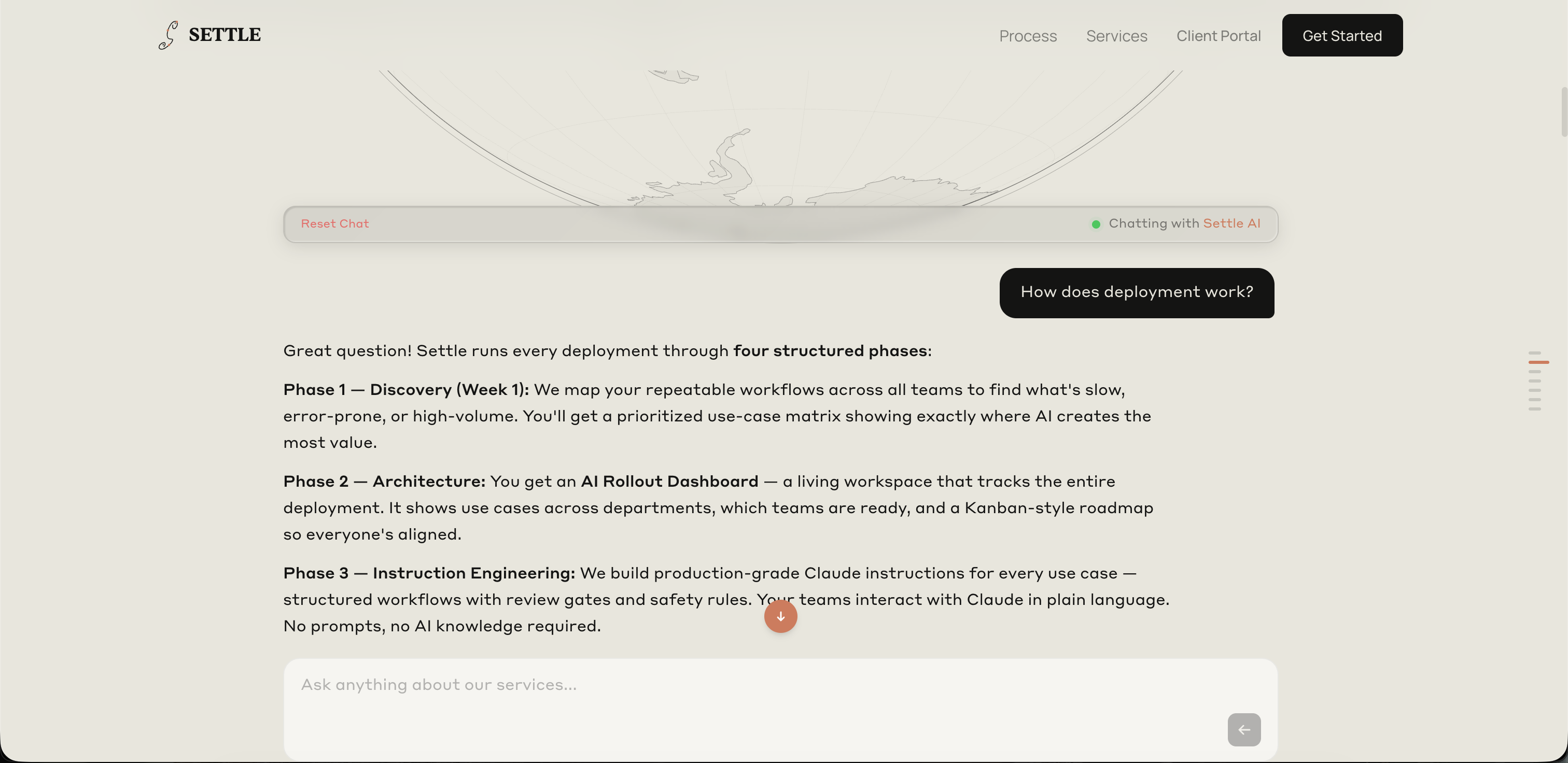 The Ask Claude section streaming a live response about Settle's deployment process