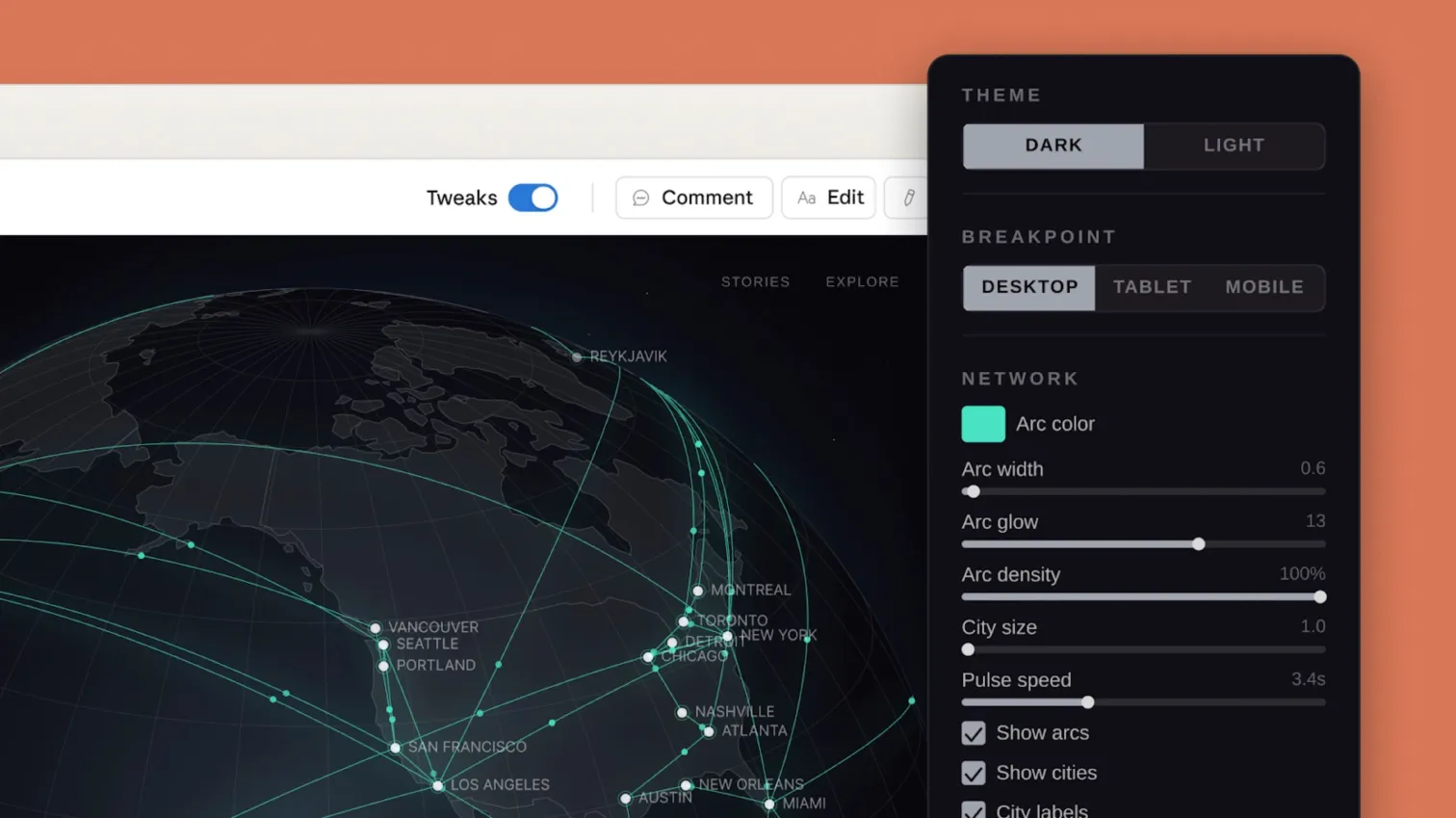 Claude Design canvas: a globe visualization on the left with a Tweaks panel on the right exposing theme, breakpoint, and live parameter sliders for arc color, width, glow, and density