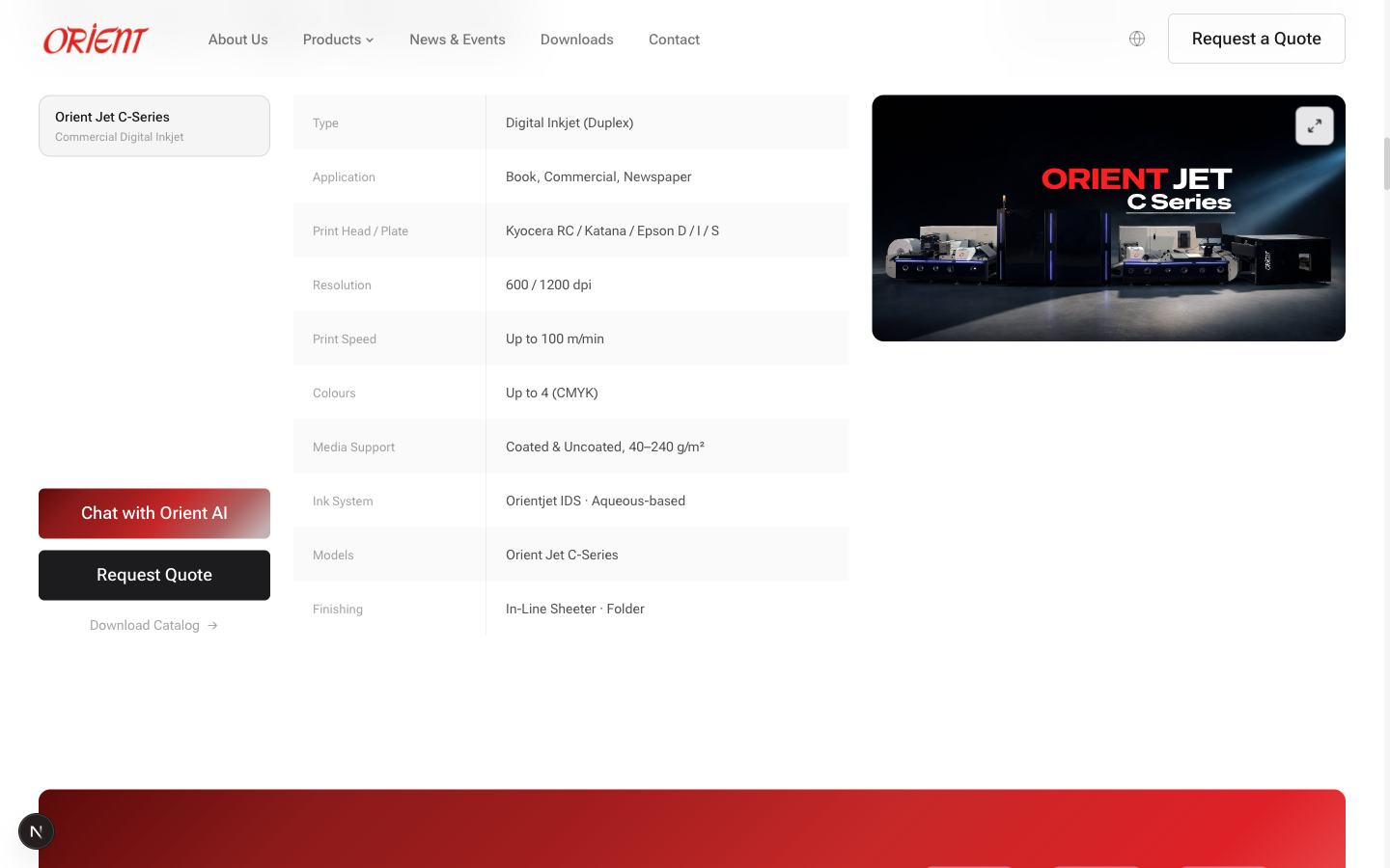 The new Orient site's technical specifications section showing a full spec table for the Orient Jet C-Series with Type, Application, Print Head, Resolution, Speed, Colours, Media Support, Ink System, Models, and Finishing rows. A 'Chat with Orient AI' button is prominently displayed on the left