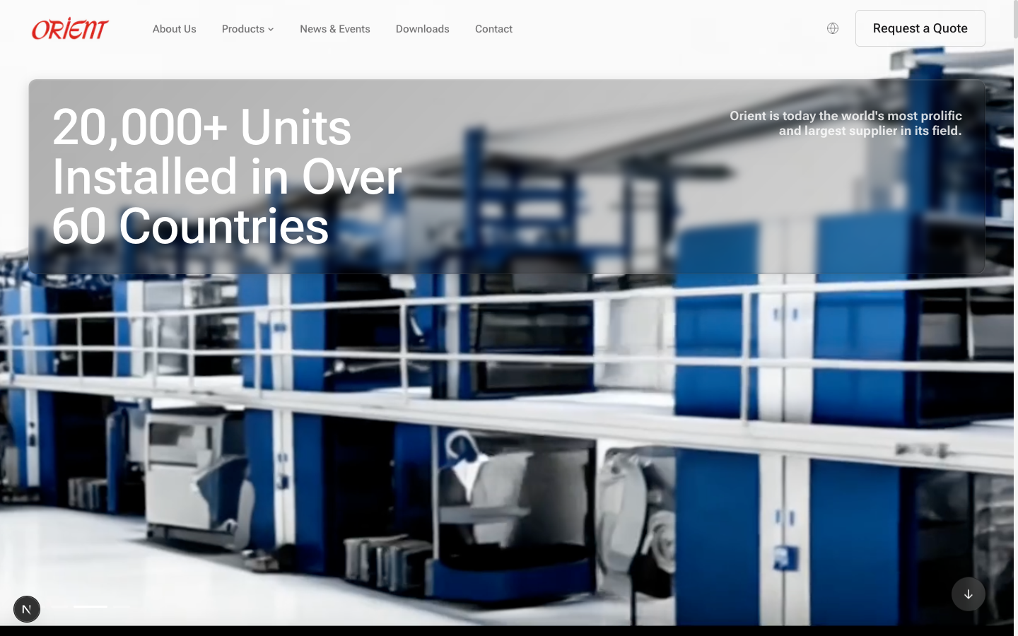 Orient's new website hero with clean light layout, large serif headline, Orient logo in red, clean navigation, and a Request a Quote button