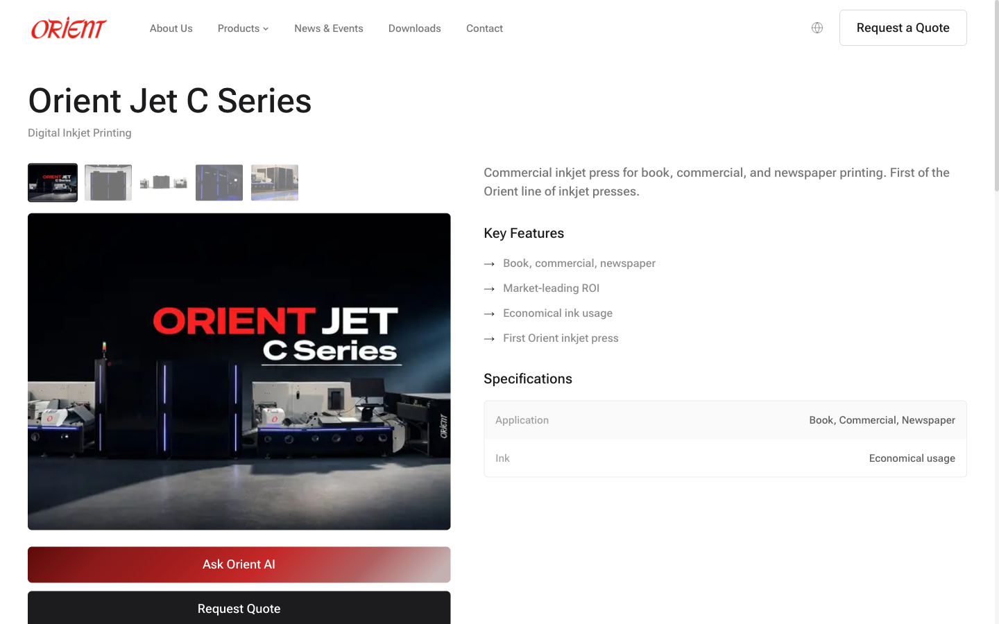 The new Orient Jet C Series product detail page showing a thumbnail gallery, hero image of the machine, description, key features list, specifications table, and an Ask Orient AI button alongside a Request Quote button