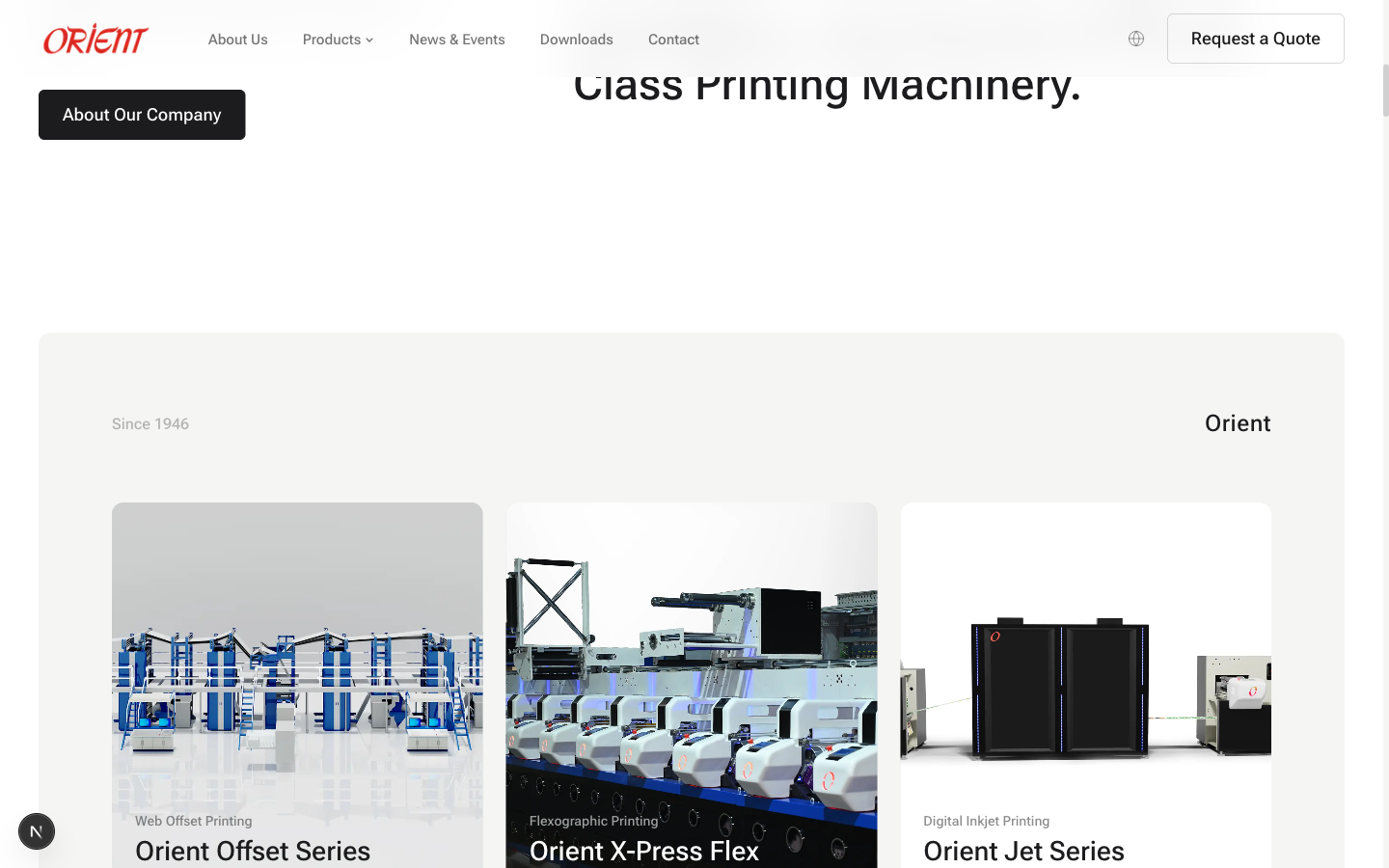 The new Orient site showing three large product cards: Orient Offset Series, Orient X-Press Flex, and Orient Jet Series, each with a category label and a hero photo