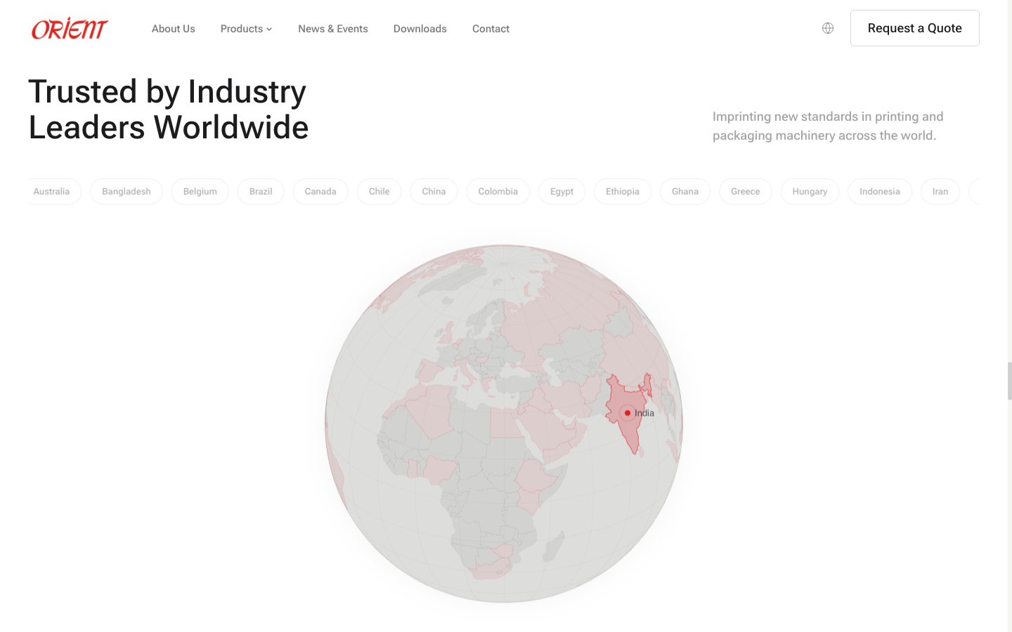 The new Orient site's Trusted by Industry Leaders Worldwide section showing an interactive 3D globe with India highlighted in red, surrounded by pill-shaped country labels including Australia, Bangladesh, Belgium, Brazil, Canada, Chile, China, Colombia, Egypt, Ethiopia, Ghana, Greece, Hungary, Indonesia, and Iran