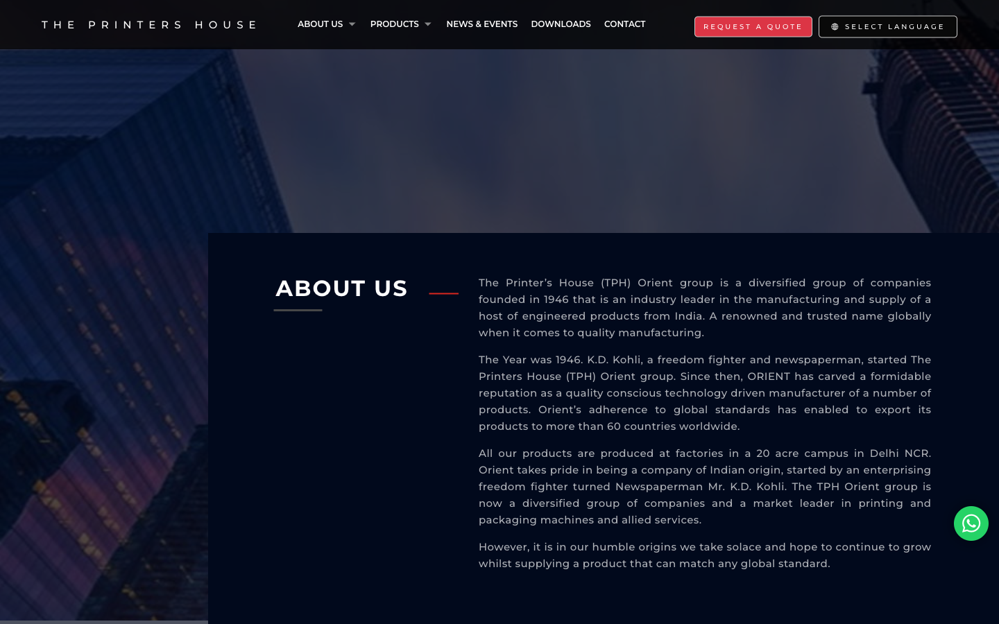 The old Orient About Us page. A dark navy background with a stock photo at the top, followed by three paragraphs of body text on the right side. No timeline, no team photos, no infrastructure visuals