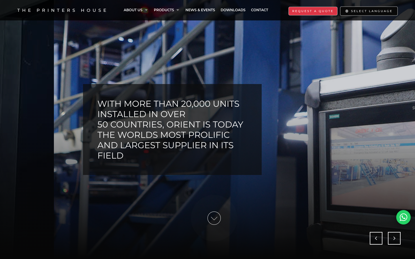 Orient's old website hero with dark industrial background, semi-transparent overlay box containing all-caps text about 20,000 units