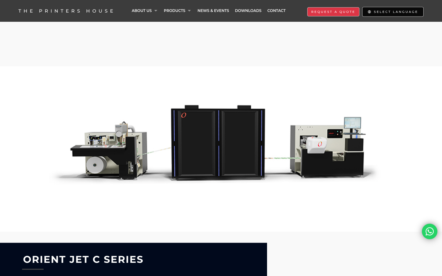 Orient's old product page for Orient Jet C Series. A nav bar, a hero machine illustration, and a title in a dark navy bar — no specifications visible above the fold