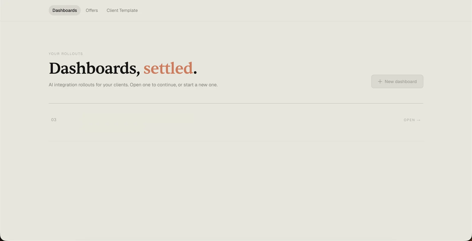 The Settle dashboards index. Headline: 'Dashboards, settled.' One client rollout listed below.