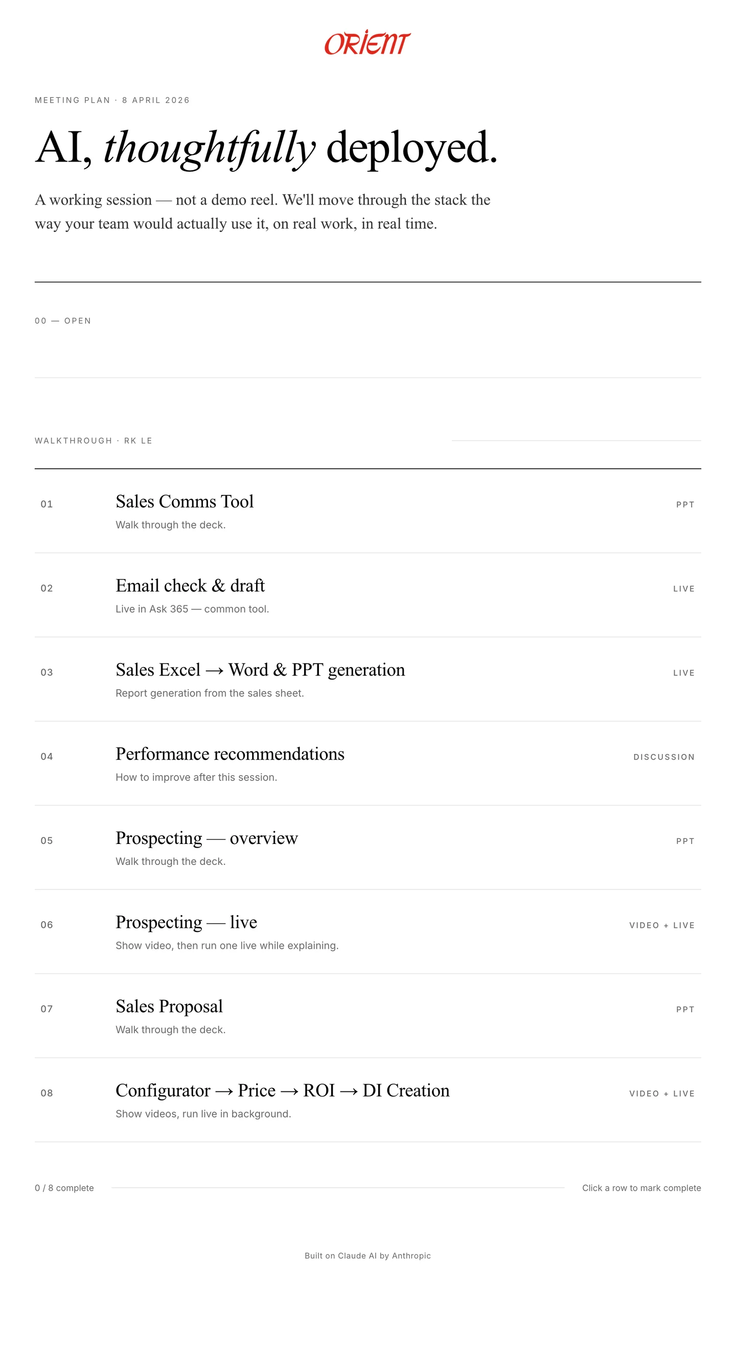 The single-page handover plan Settle prepares for every Claude rollout: eight numbered rows with a title, one-line note, and mode tag (PPT, LIVE, VIDEO + LIVE, DISCUSSION), plus a progress-bar footer.