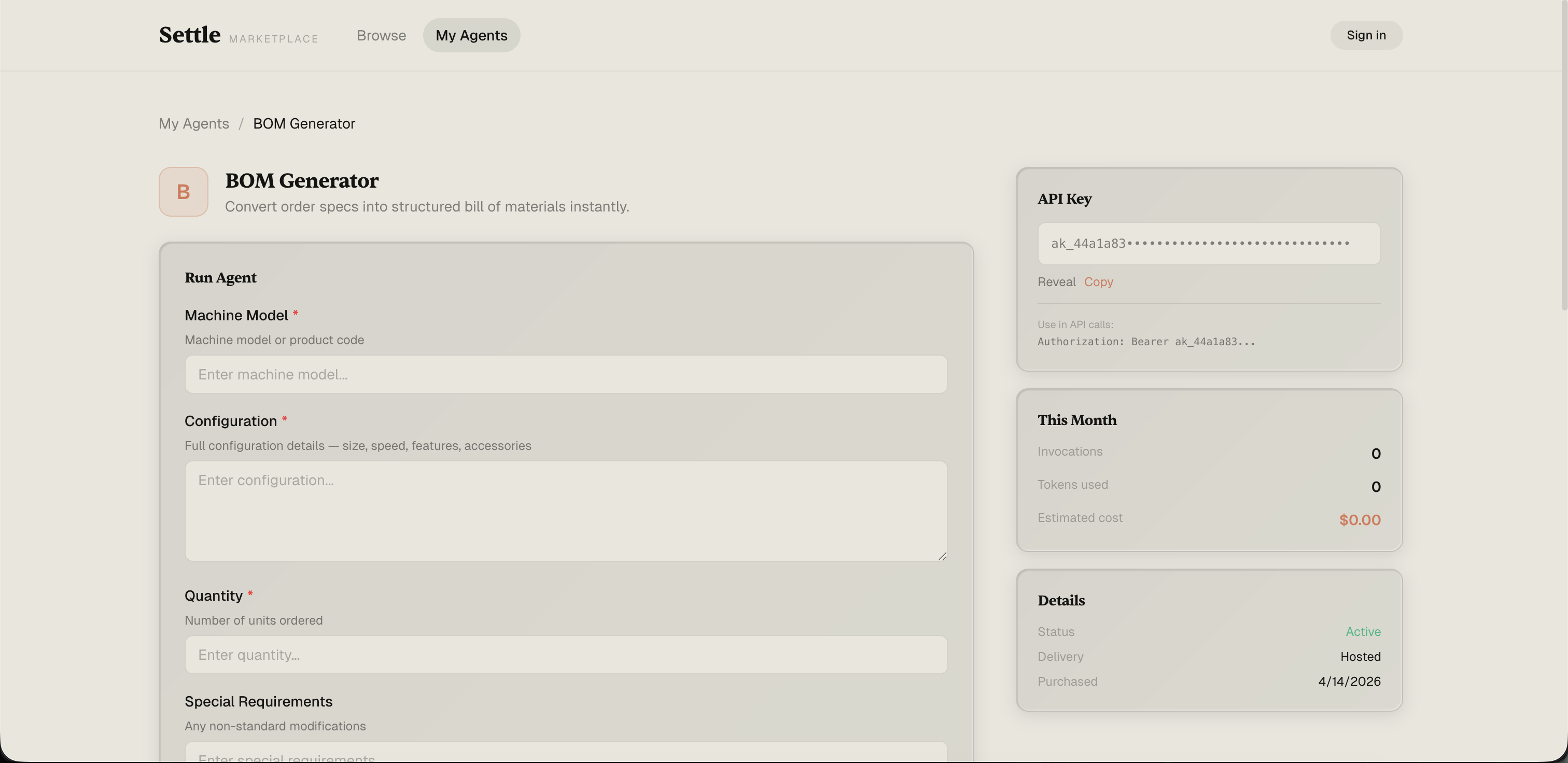 The BOM Generator agent runner page — left side has a Run Agent form with machine model, configuration, quantity, and special requirements fields. Right side shows the API Key, This Month usage stats, and delivery details panels