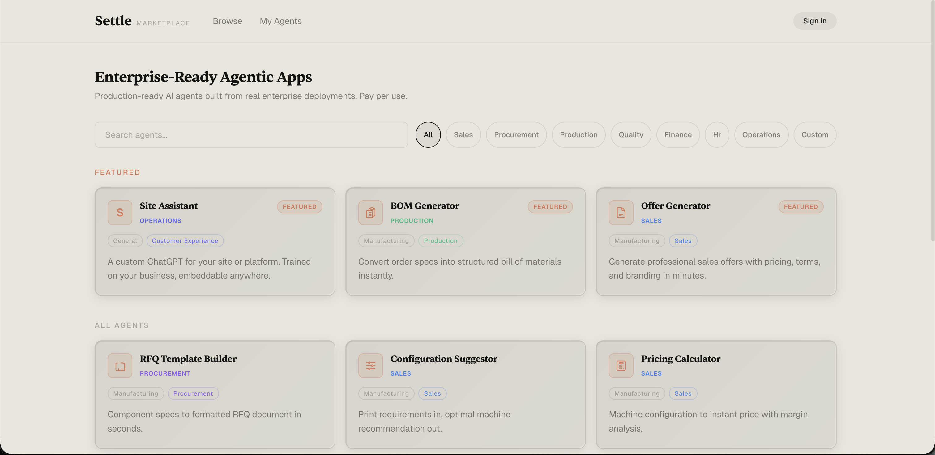 The Settle Marketplace catalog page showing six featured agents — Site Assistant, BOM Generator, Offer Generator, RFQ Template Builder, Configuration Suggestor, and Pricing Calculator — with category filters across the top