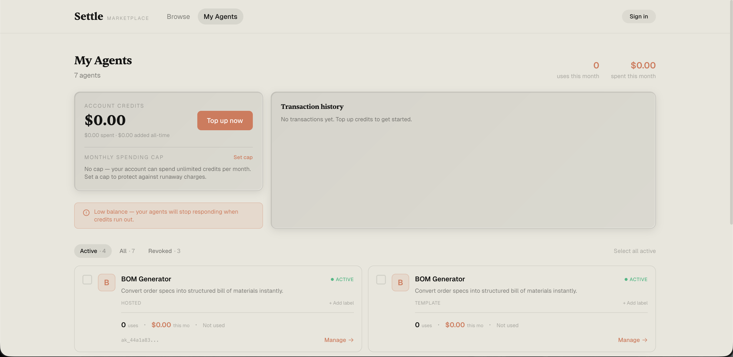 The My Agents dashboard showing account credits at $0.00 with a Top up now button, a transaction history panel, the monthly spending cap controls, a low-balance alert, and the same BOM Generator agent listed twice — once as HOSTED and once as TEMPLATE
