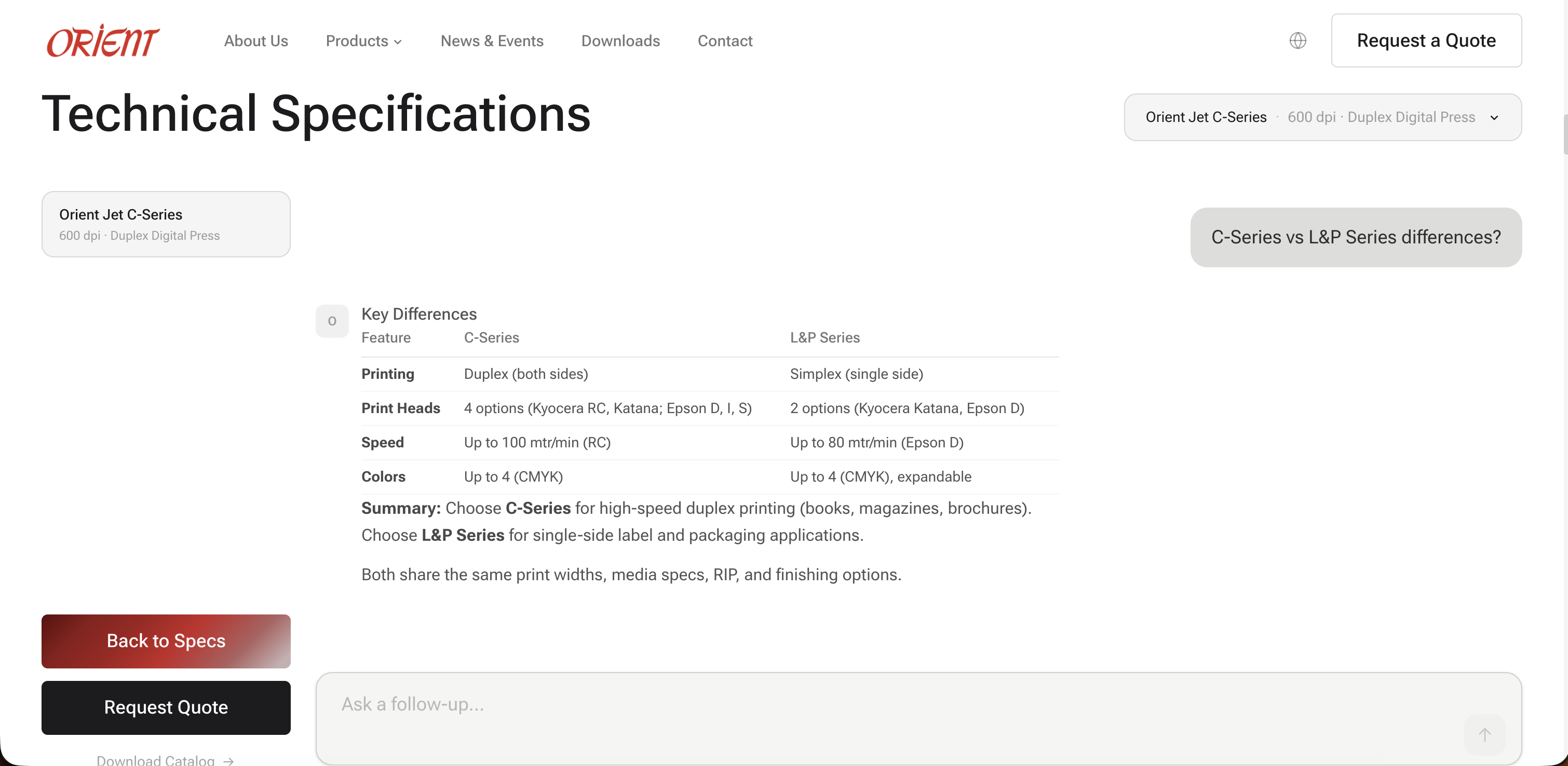 Orient AI chat showing a detailed comparison between C-Series and L&P Series presses, with differences in duplex capability, print heads, speed, and finishing