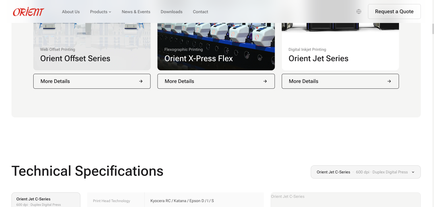 New Orient site showing product cards and technical specifications section with tabbed interface