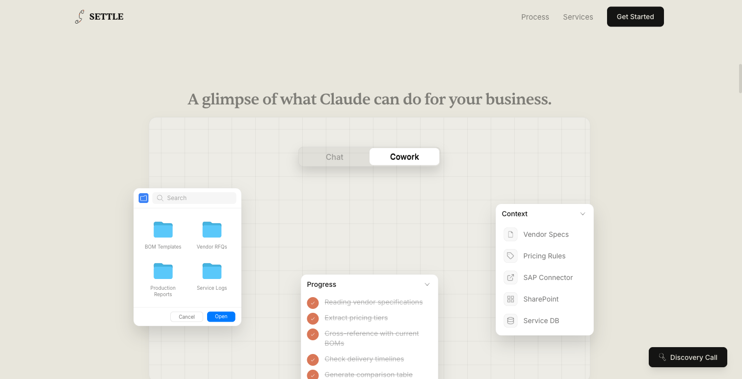 Interactive Cowork demo showing Claude's chat interface adapted for manufacturing with BOM Template, Vendor RFQ, and SAP Connector tabs