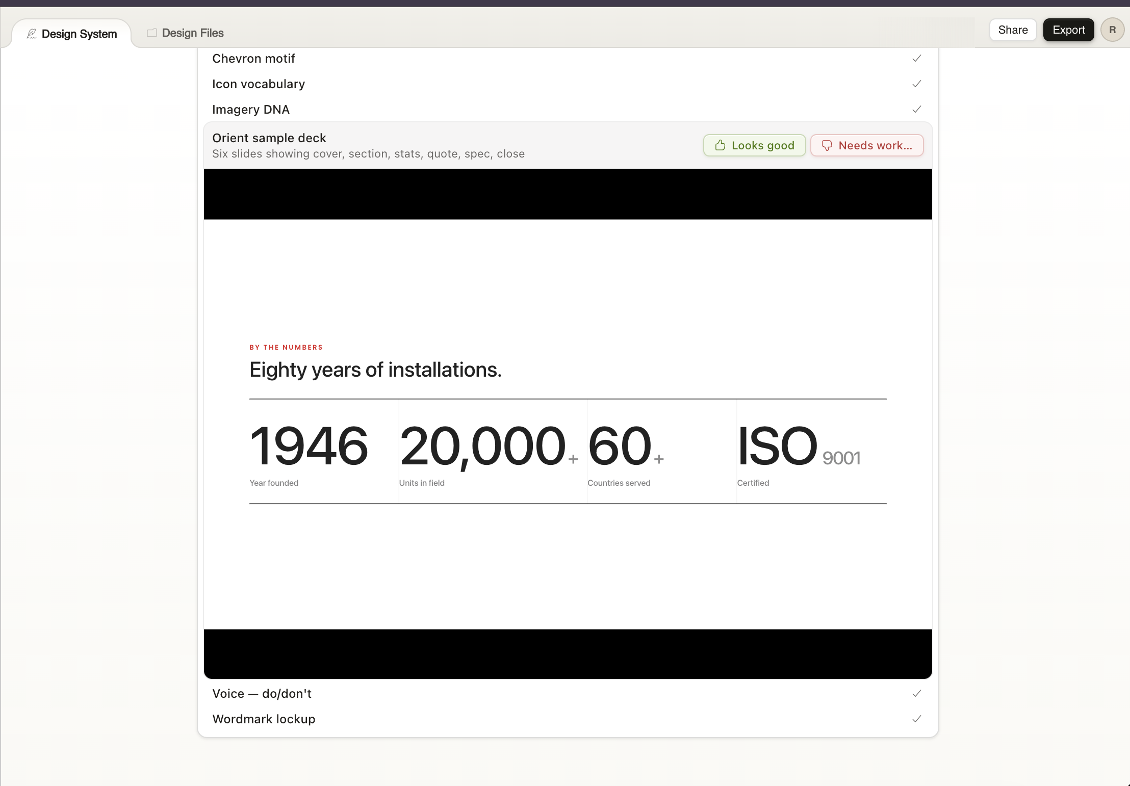 Settle canvas showing Orient's design-system deliverables — chevron motif, icon vocabulary, imagery DNA, Orient sample deck with an Eighty years of installations stats slide, voice do/don't, wordmark lockup — each with a Looks good / Needs work approval gate